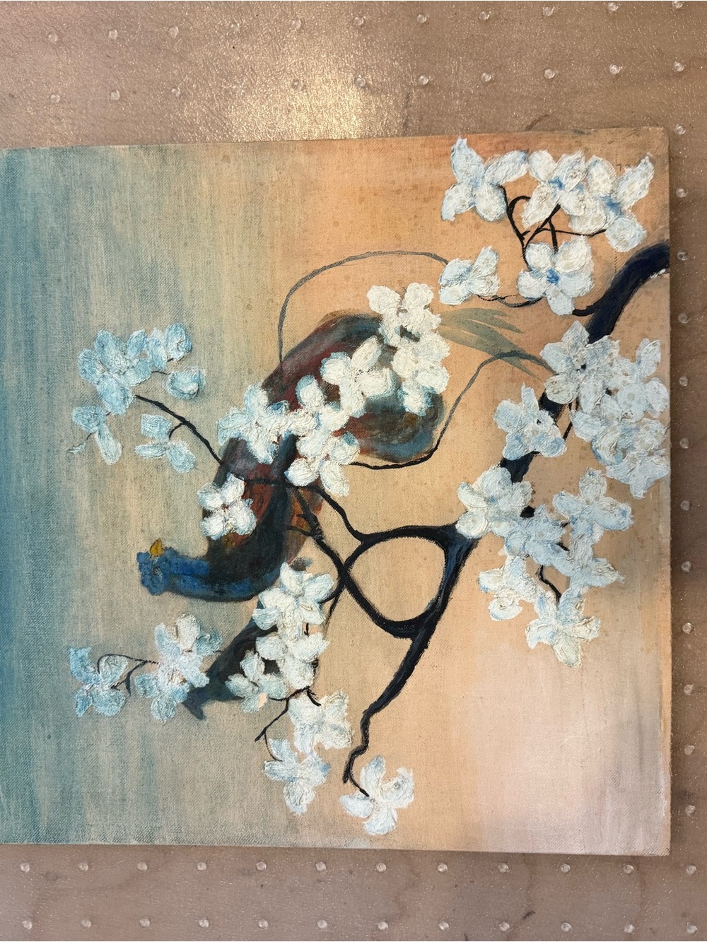 Hand-Painted Floral Canvas in White and Blue-Green